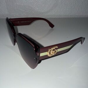 Gucci Women's Burgundy Sunglasses with Gold GG Logo and Cream Stripe
